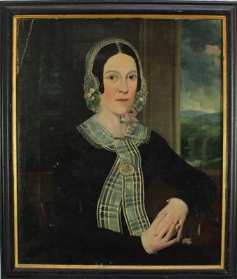 Lot 1085 - Early 19th century American School naive oil on canvas- elegant lady seated 
by a window, ebonised and gilt frame. 75 x 62cm.