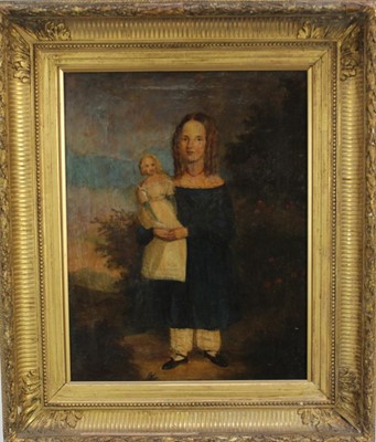 Lot 1086 - Early 19th century English School naive oil on canvas- child with ringlets in  
her hair holding a doll, in gilt frame. 38 x 30cm