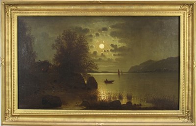 Lot 1087 - Joseph Wirbicky late 19th century oil on canvas- moonlit river scene, signed, in gilt frame. 50 x 88cm.