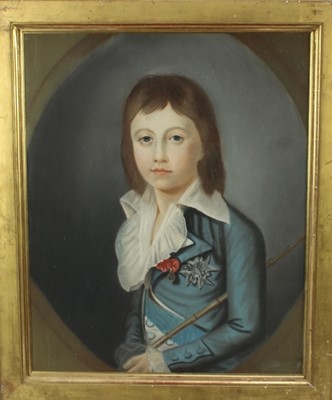 Lot 1088 - Early 19th century French School pastel portrait- boy wearing regal dress and 
holding a riding crop, in gilt frame. 
59 x 48cm.