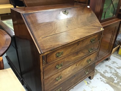 Lot 913 - George III mahogany bureau with fall flap, fitted interior, four long graduated drawers on bracket feet 91 cm wide, 107 cm high, 53 cm deep