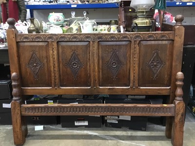 Lot 915 - Good quality 1950s carved oak Carolean revival small double wardrobe with panelled and carved decoration 111 cm wide, 172cm high, 48 cm deep and matching double bedstead 4'6" wide
