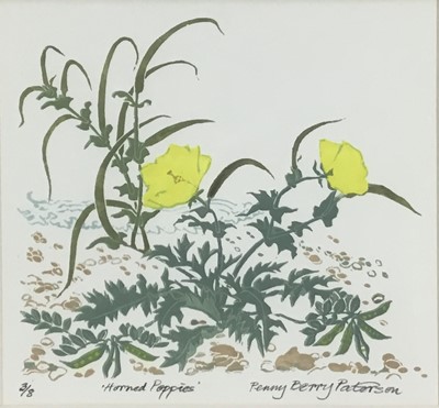 Lot 155 - Penny Berry Paterson (1941-2021) colour linocut - Horned Poppies, signed and numbered 3/8,  26cm x 24.5cm, in glazed frame