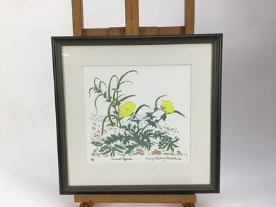 Lot 155 - Penny Berry Paterson (1941-2021) colour linocut - Horned Poppies, signed and numbered 3/8,  26cm x 24.5cm, in glazed frame