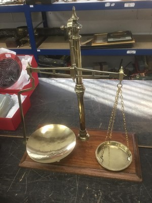 Lot 148 - Pair Victorian brass scales on mahogany base