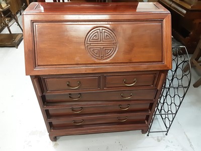 Lot 872 - Oriental hardwood bureau with two short and three long drawers below, 91cm wide, 43cm deep, 107cm high