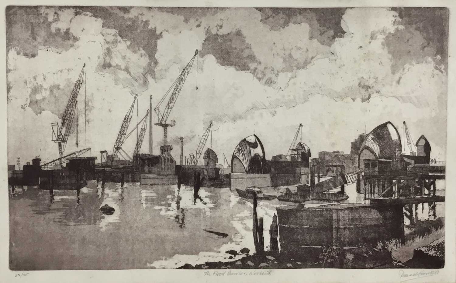 Lot 13 - Donald Harris, etching - The Flood Barrier Woolwich, signed in pencil and numbered 22/25, plate size 50cm x 30cm, framed 68.5cm x 49cm