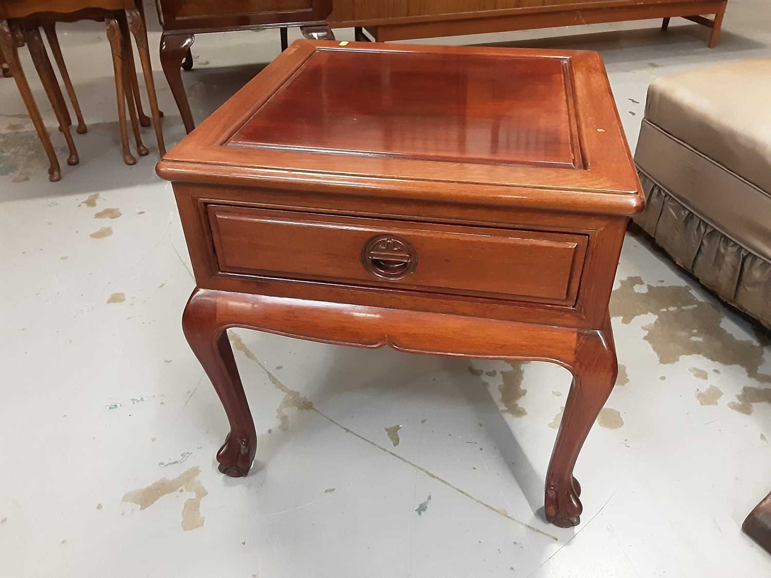 Lot 874 - Oriental hardwood side table with single drawer, 56cm wide, 56cm high
