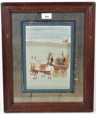 Lot 829 - Indo-Persian School, 19th century gouache painting of figures in a two horse carriage