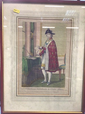 Lot 40 - Three framed hand-coloured prints of dignitaries of the Napoleonic Empire, including two of Napoleon's brothers