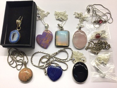 Lot 670 - Group silver and white metal mounted semi precious stones and gem set pendants on chains