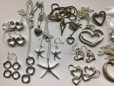 Lot 671 - Collection silver and white metal heart pendants on chains, other pendants and pairs of earrings