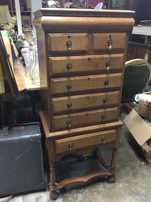 Lot 921 - Good quality 1950s Carolean-style oak narrow tall boy chest with secret drawer, seven other drawers on turned supports joined by stretchers on bunn feet 123 cm high, 53 cm wide, 36 cm deep