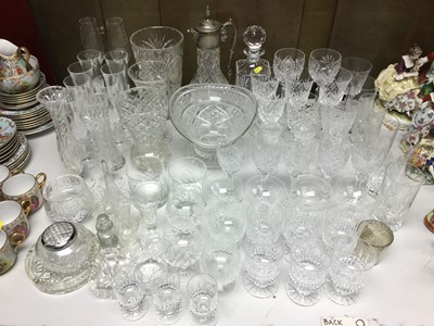 Lot 301 - Cut glass claret jug with silver plated mount, together with assorted cut glass wine glasses, vases and other glassware