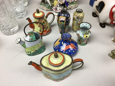 Lot 303 - Interesting group of hand painted enamel vases and miniatures (7 pieces)
