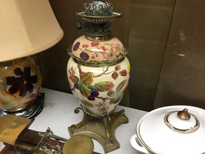 Lot 308 - Early 20th century ceramic and brass oil lamp decorated with brambles