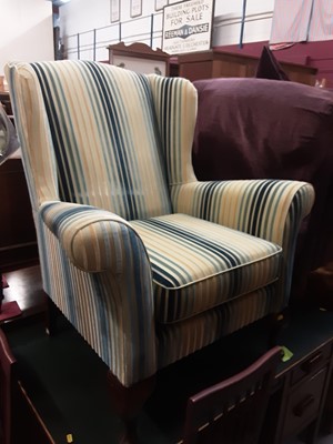 Lot 904 - Good quality wing back armchair with striped blue, green and gold upholstery on cabriole front legs