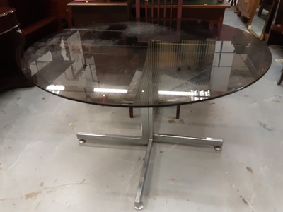 Lot 907 - Contemporary dining table with circular smoked glass top on chrome pedestal base, 120cm diameter, and a pair rattan and chrome chairs (3)