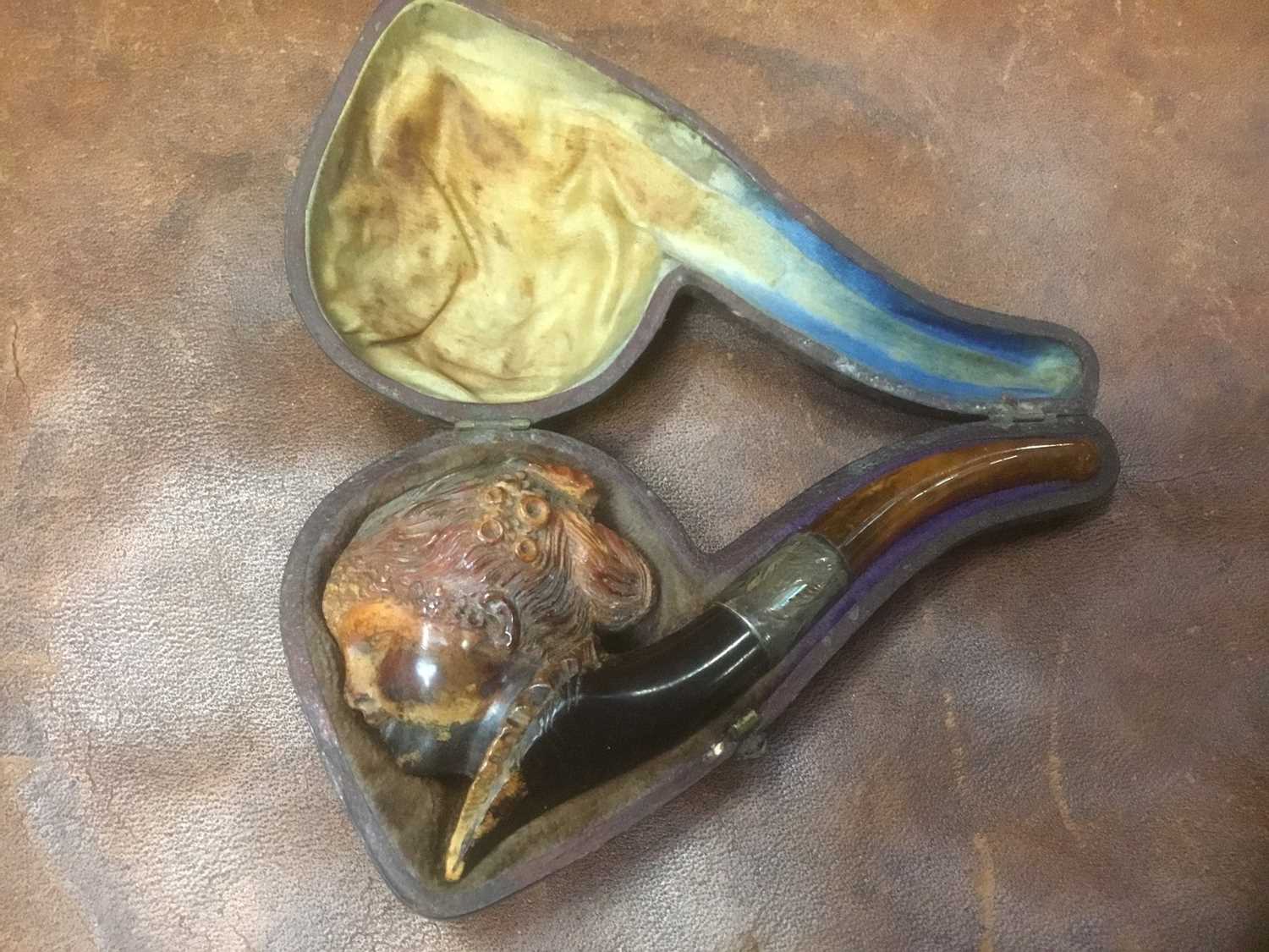 Lot 201 - Victorian cased meerschaum pipe with amber mouthpiece, the bowl carved in the form of a woman's face