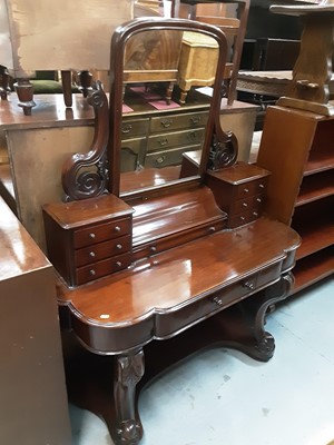 Lot 986 - Victorian mahogany dressing table with raised mirror back flanked by jewellery drawers, with central drawer below, on carved cabriole front supports with shaped undertier, 120cm wide, 49cm deep, 15...