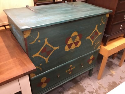 Lot 937 - Old Continental painted pine blanket chest with rising lid, bottom drawer raised on turned legs 99 cm wide, 102 cm high, 53 cm deep