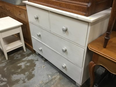 Lot 939 - Victorian-style painted pine chest of two short and two long drawers with bun handles on block feet, 122 cm wide, 100 cm high, 56 cm deep and similar bedside table