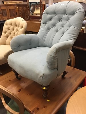 Lot 943 - Victorian buttoned tub-shaped easy chair on turned legs and castors